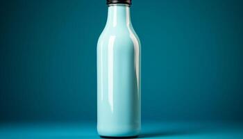A clear bottle of milk is sitting on a blue background photo