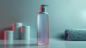 A bottle of lotion sits on a counter next to a roll of toilet paper photo