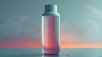 A bottle of clear liquid is sitting on a table with water droplets around it photo