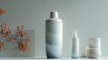 A collection of bathroom products, including a bottle with a blue photo