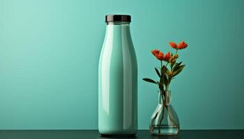 A bottle of milk sits on a table next to a vase of flowers photo