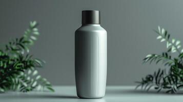 A bottle of shampoo is sitting on a table next to some green leaves photo
