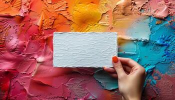 A hand holding a white card in front of a colorful wall photo