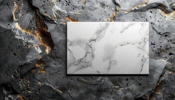 A white sign is placed on a wall with a rough, textured surface photo