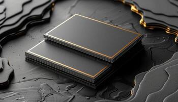 Two black business cards with gold borders are displayed on a black background photo
