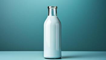 A glass bottle of milk is sitting on a table photo