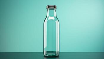 A clear glass bottle is sitting on a table photo