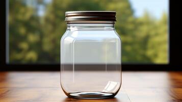 A jar is sitting on a wooden table photo