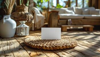 A white card is sitting on a wooden table in front of a vase photo