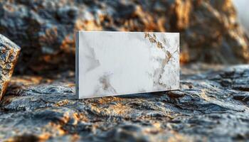 A white card with a gold border sits on a rock photo