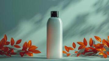 A bottle of lotion is sitting on a table next to some leaves photo