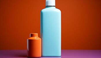 Two bottles, one blue and one orange, are sitting on a table photo