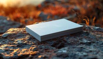 A white card is sitting on a rock photo