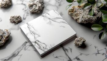 A white marble square with a black border sits on a marble countertop photo
