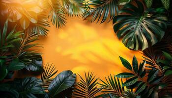 A leafy green background with a yellow circle in the middle photo