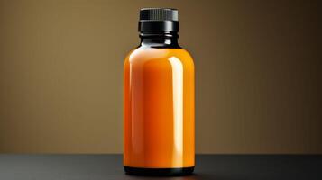 A bottle of liquid is sitting on a table photo