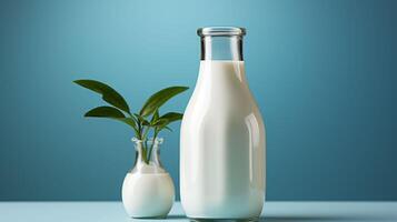 A glass of milk is next to a vase with a plant in it photo