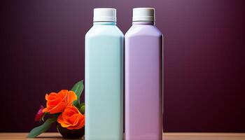 Two bottles of perfume are on a table next to a bouquet of flowers photo