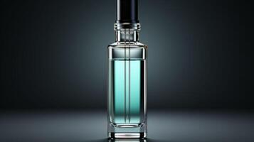 A bottle of cologne is shown in a dark room photo
