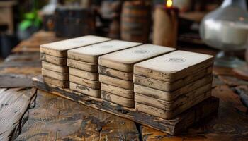 A stack of wooden boxes with a logo on them photo