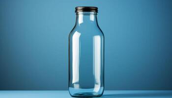A clear glass bottle is sitting on a blue surface photo