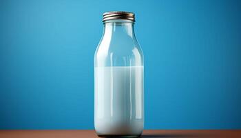 A glass bottle of milk is sitting on a table photo