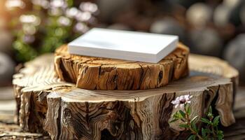 A white card is on top of a log photo