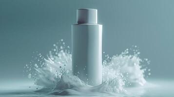 A bottle of lotion is surrounded by a spray of white foam photo
