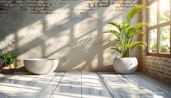 A white room with a brick wall and a large window photo