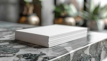 A stack of white papers sits on a table photo