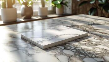 A white marble table with a book on it photo