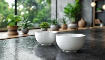 Two white bowls sit on a countertop in front of a window with potted plants photo