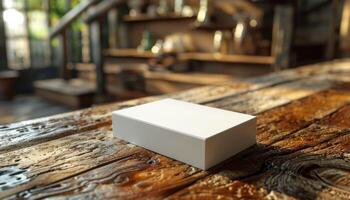 A white box sits on a wooden table in a room with a staircase in the background photo