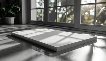 A white box sits on a floor in front of a window photo
