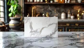 A white marble countertop with a white marble block on it photo