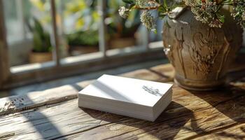 A stack of white business cards sits on a wooden table next to a vase of flowers photo