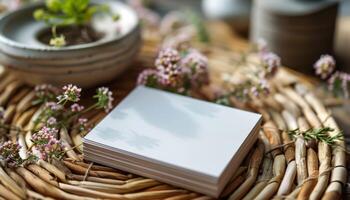 A white card is sitting on a wicker mat with flowers photo