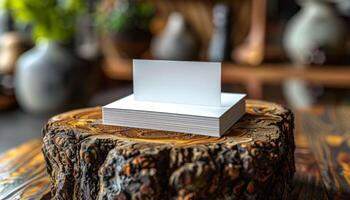 A stack of white business cards sits on a log photo