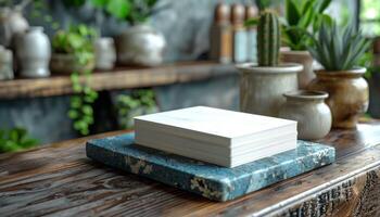 A stack of white books sits on a wooden table next to a potted plant photo