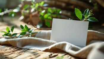 A white card is sitting on a table with leaves and a cloth photo