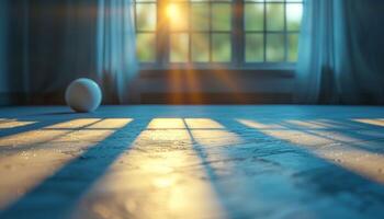 A white ball is sitting on a floor in front of a window photo