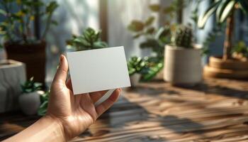 A hand holding a white card on a wooden table photo