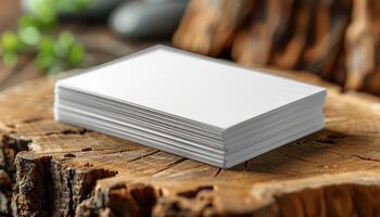 A stack of white business cards sits on a wooden surface photo