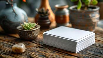 A stack of white papers sits on a wooden table next to a vase and a potted plant photo