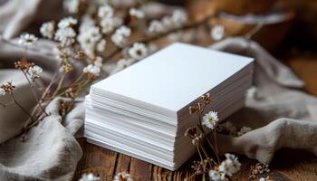 A stack of white cards with flowers on top of them photo
