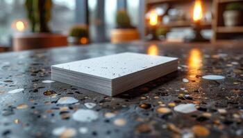 A stack of white cards is on a table photo
