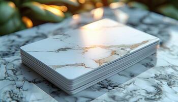 A stack of white cards with a marble pattern on them photo