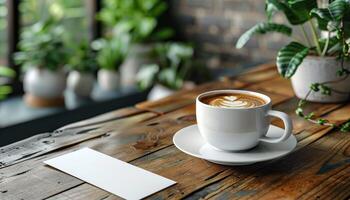 A white coffee cup with a white saucer sits on a wooden table photo