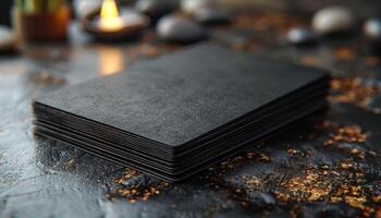 A stack of black cards with a candle in the background photo