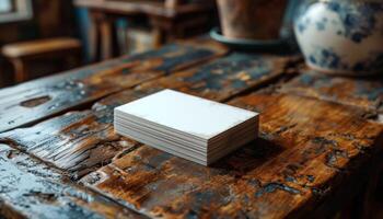 A stack of white cards is sitting on a wooden table photo